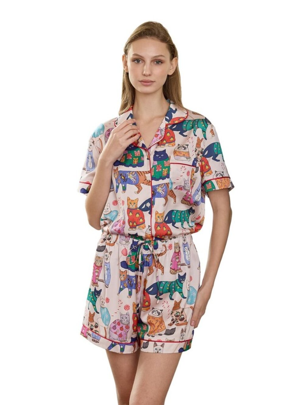 Christmas Pajamas Shorts Silk Pjs Women Satin Pajama Cute Print Tee and Shorts